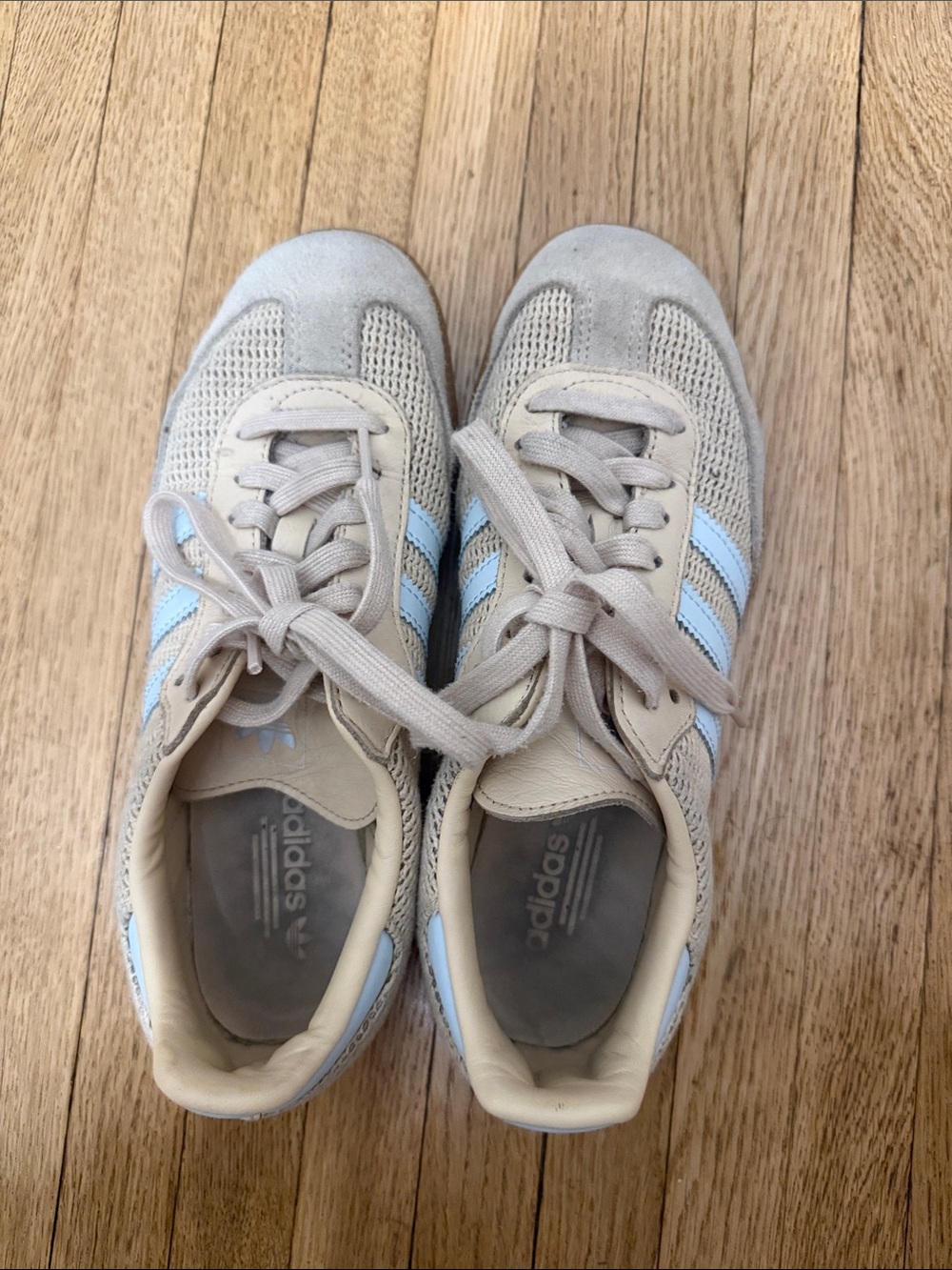 adidas Light Beige Sneakers with Pale Blue Stripes - Picture 2 of 9